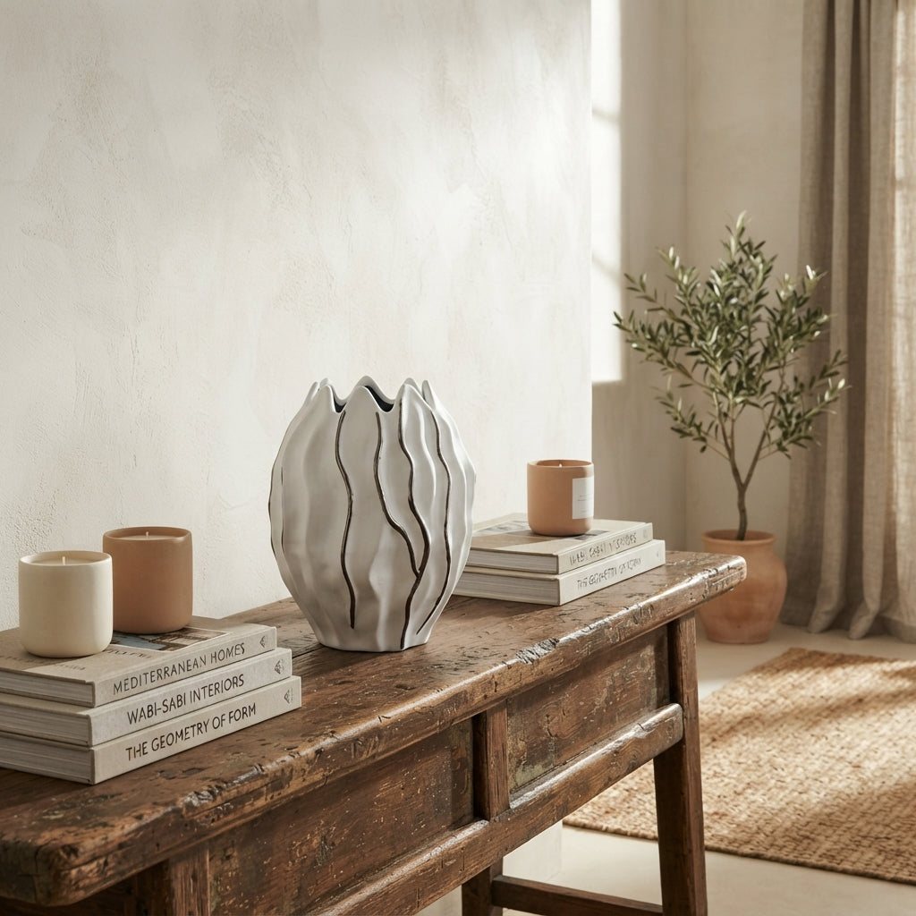 Florero Cerámica Satinada Blanco Lineas Plateadas Florero Frank Home Chile