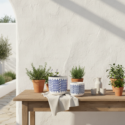 Porta Macetero Cerámica Blanco Grecas Azules Dos Tamaños | Frank Home Porta Macetero Frank Home Chile