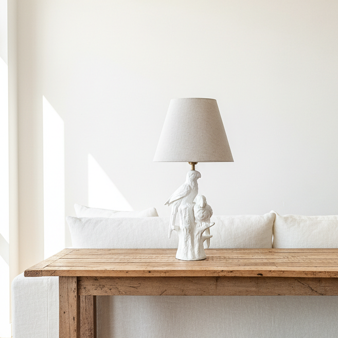 Lámpara Base Cerámica Esmaltada Pájaros Pantalla Beige Lampara de mesa y escritorio Frank Home Chile