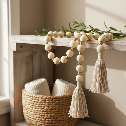 Adorno cuentas madera y doradas con borlas Adorno Frank Home Chile