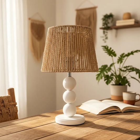Lámpara Base Madera Blanca Pantalla Yute 40cm Lampara de mesa y escritorio Frank Home Chile
