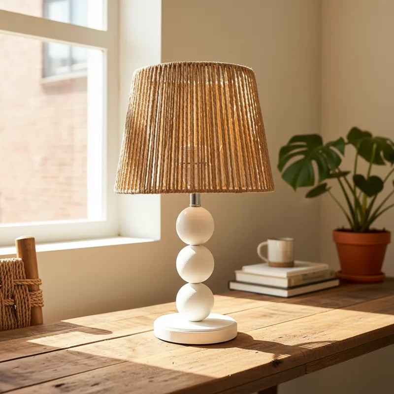 Lámpara Base Madera Blanca Pantalla Yute 40cm Lampara de mesa y escritorio Frank Home Chile