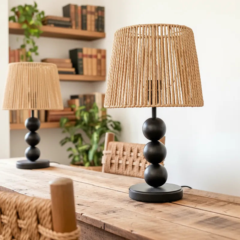 Lámpara Base Madera Negra Pantalla Yute 40cm Lampara de mesa Frank Home Chile
