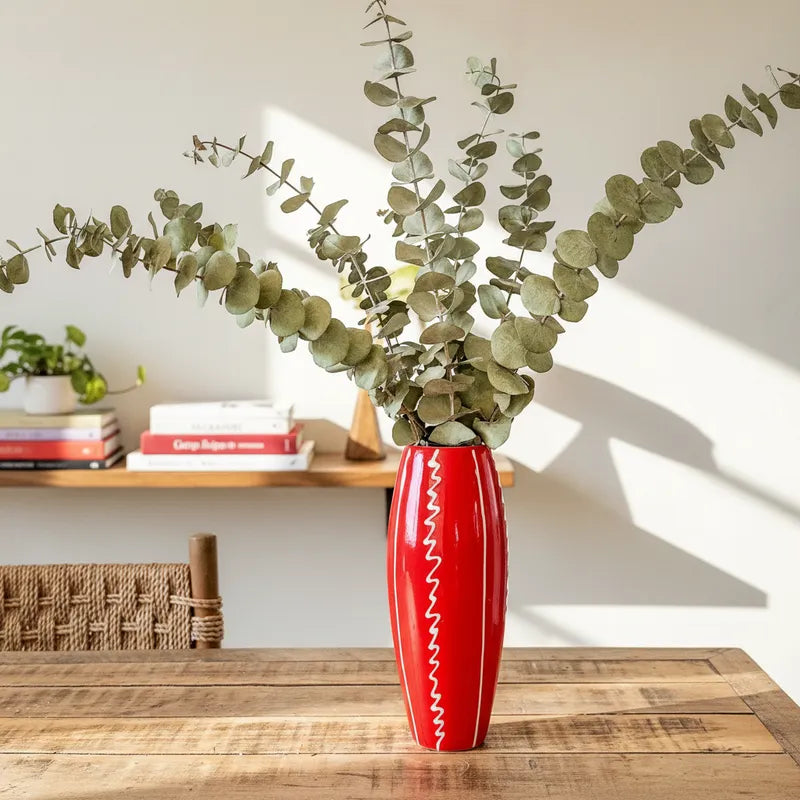 Florero Ovalado Cerámica Esmaltada Roja 30 cm - Líneas Blancas Florero Frank Home Chile