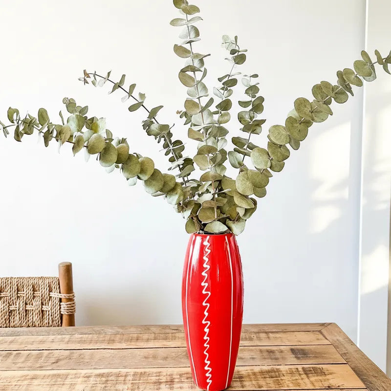 Florero Ovalado Cerámica Esmaltada Roja 30 cm - Líneas Blancas Florero Frank Home Chile