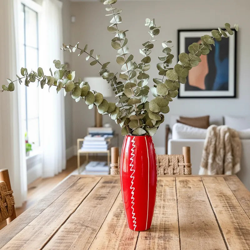 Florero Ovalado Cerámica Esmaltada Roja 30 cm - Líneas Blancas Florero Frank Home Chile