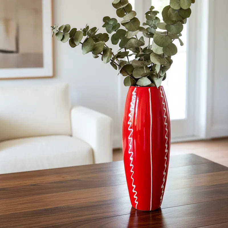 Florero Ovalado Cerámica Esmaltada Roja 30 cm - Líneas Blancas Florero Frank Home Chile