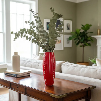 Florero Ovalado Cerámica Esmaltada Roja 30 cm - Líneas Blancas Florero Frank Home Chile