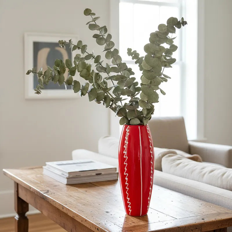 Florero Ovalado Cerámica Esmaltada Roja 30 cm - Líneas Blancas Florero Frank Home Chile