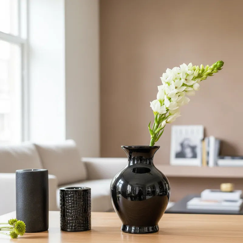 Florero Negro Cerámica Esmaltada 12cm - Diseño Contemporáneo Florero Frank Home Chile