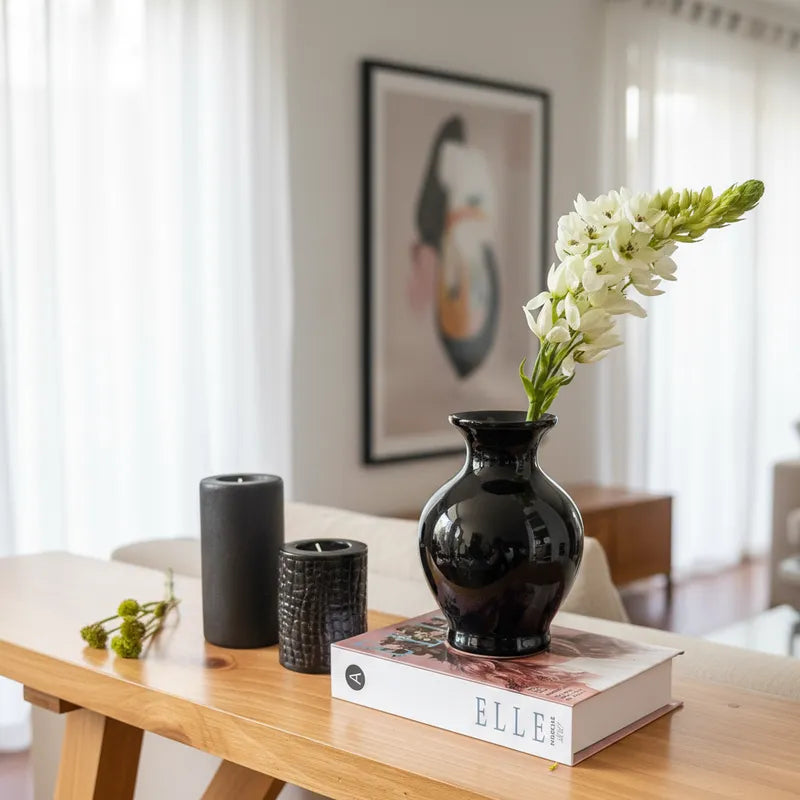 Florero Negro Cerámica Esmaltada 12cm - Diseño Contemporáneo Florero Frank Home Chile