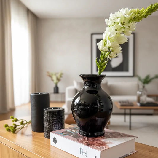 Florero Negro Cerámica Esmaltada 12cm - Diseño Contemporáneo Florero Frank Home Chile