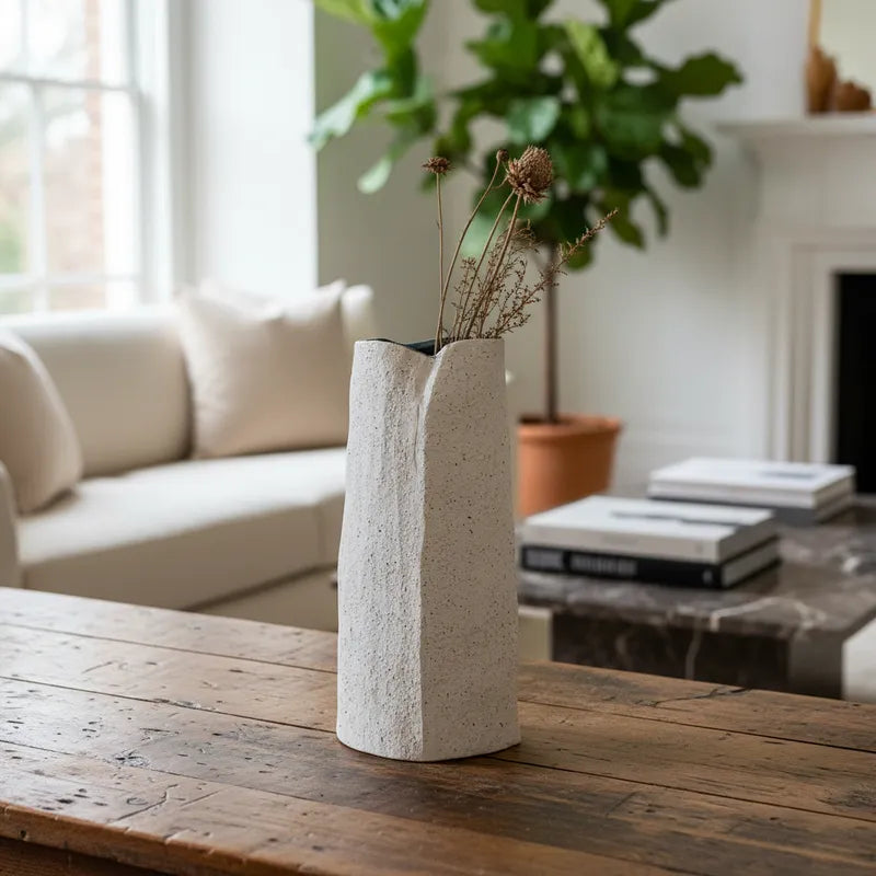 Florero Cerámica Textura Blanca Interior Azul Capas 30cm Florero Frank Home Chile