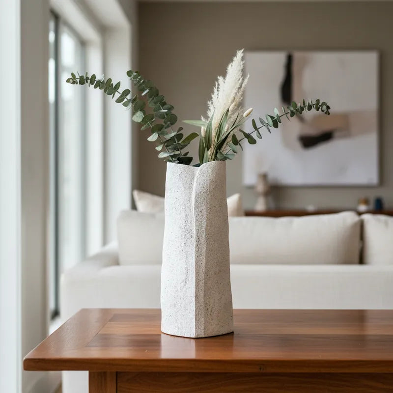 Florero Cerámica Textura Blanca Interior Azul Capas 30cm Florero Frank Home Chile