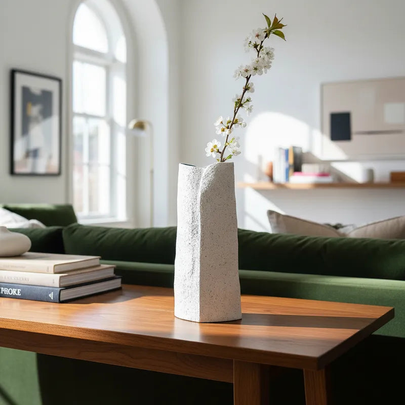 Florero Cerámica Textura Blanca Interior Azul Capas 30cm Florero Frank Home Chile