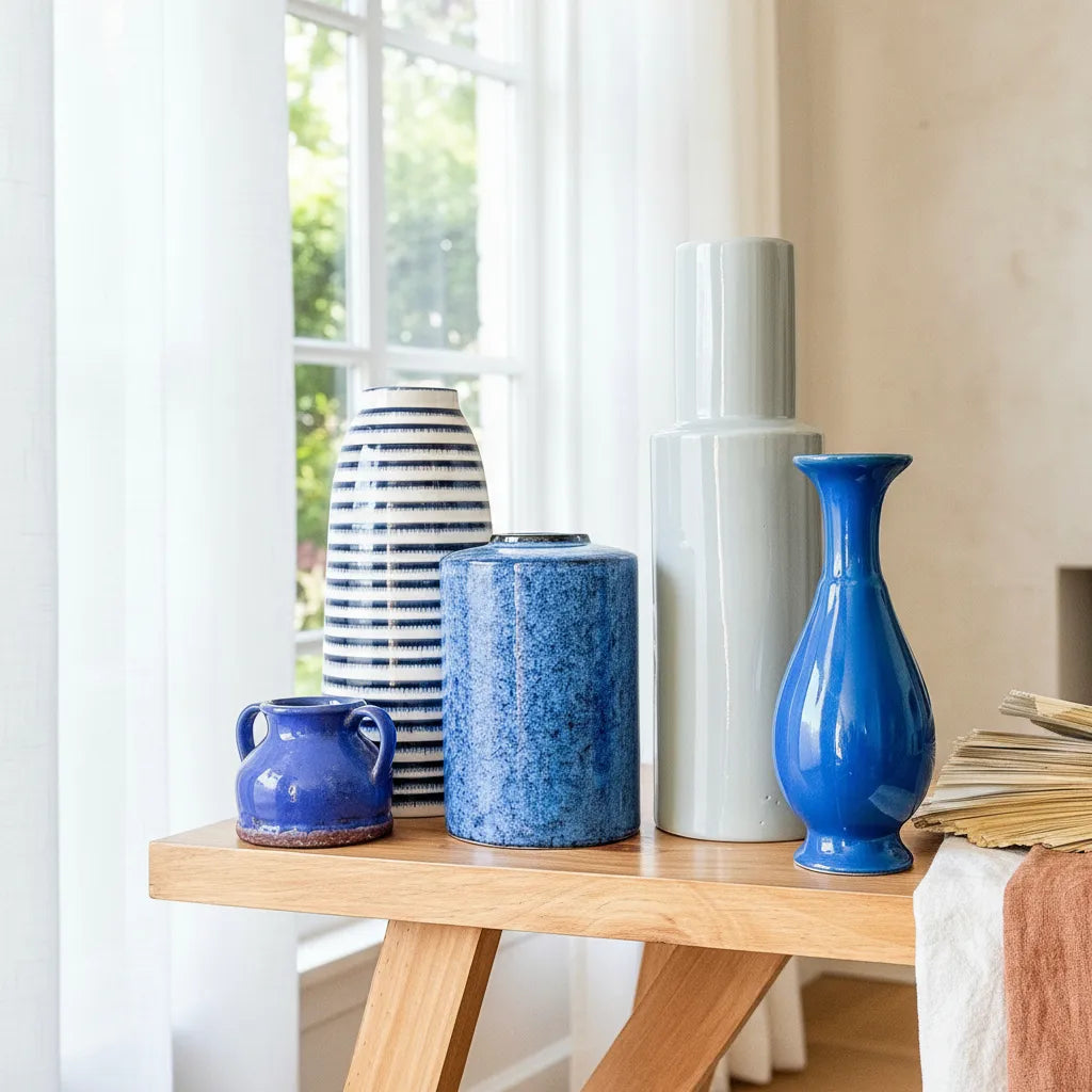 Florero Cerámica Listado Azul Marino 32cm - Acabado Artesanal Florero Frank Home Chile