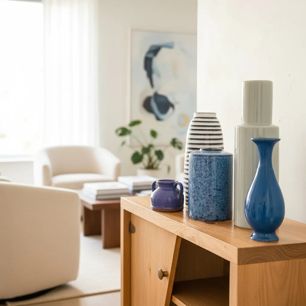 Florero Cerámica Listado Azul Marino 32cm - Acabado Artesanal Florero Frank Home Chile