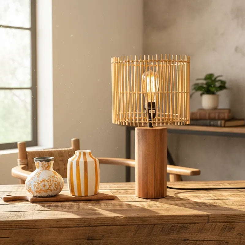 Lámpara Madera Pantalla Listones 48cm Lampara de mesa Frank Home Chile