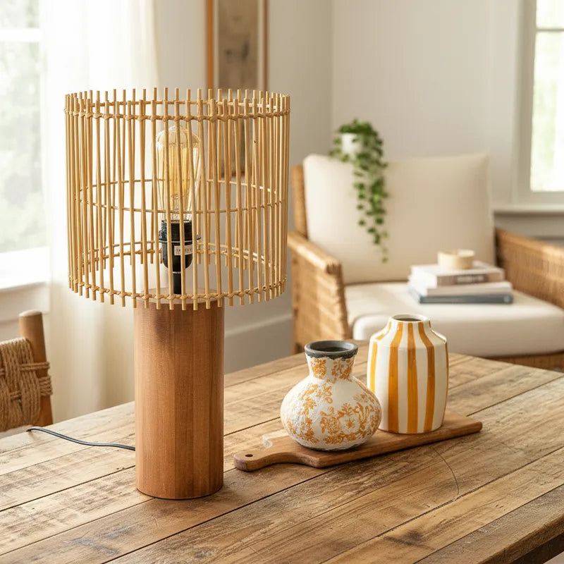 Lámpara Madera Pantalla Listones 48cm Lampara de mesa Frank Home Chile