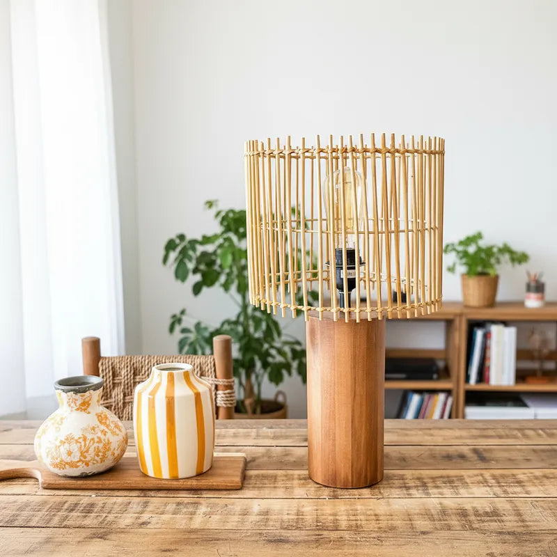 Lámpara Madera Pantalla Listones 48cm Lampara de mesa Frank Home Chile