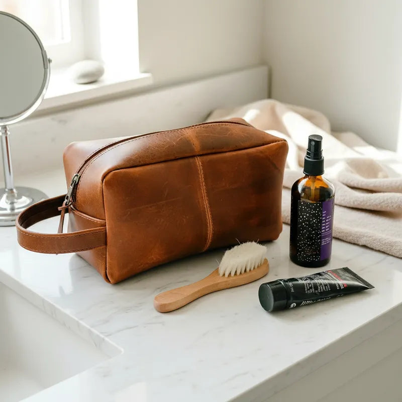 Neceser de Cuero Graso Natural Habano Estuche Frank Home Chile