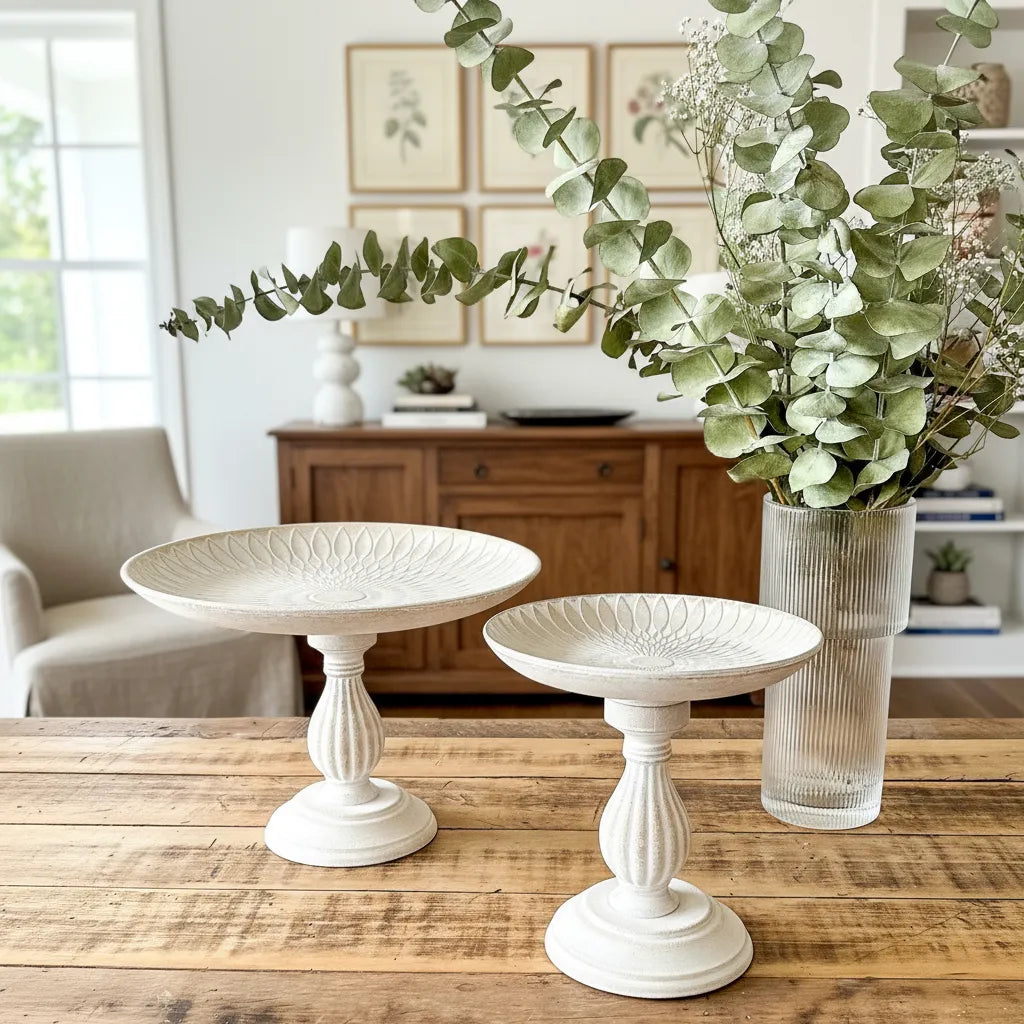 Set 2 Pedestales Madera Albayalde 23cm y 21cm - Textura Relieve bandeja Frank Home Chile