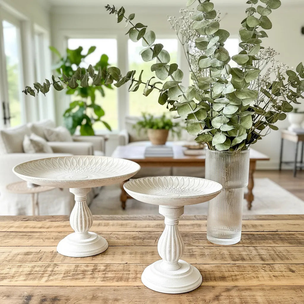 Set 2 Pedestales Madera Albayalde 23cm y 21cm - Textura Relieve bandeja Frank Home Chile