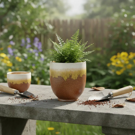 Porta Macetero Cerámica Bicolor Beige Porta Macetero Frank Home Chile