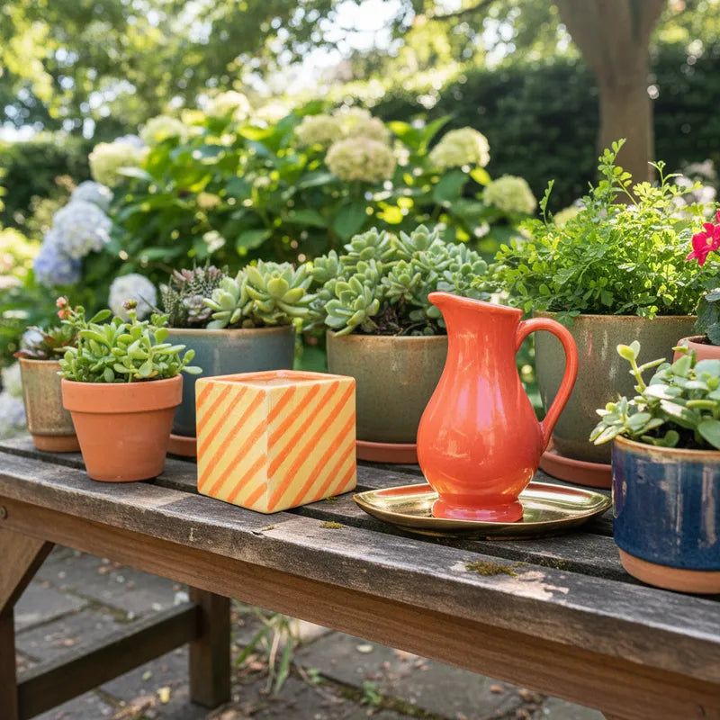 Pot Bicolor Cerámica Esmaltada con Líneas 11.5cm - Diseño Elegante Porta Macetero Frank Home Chile