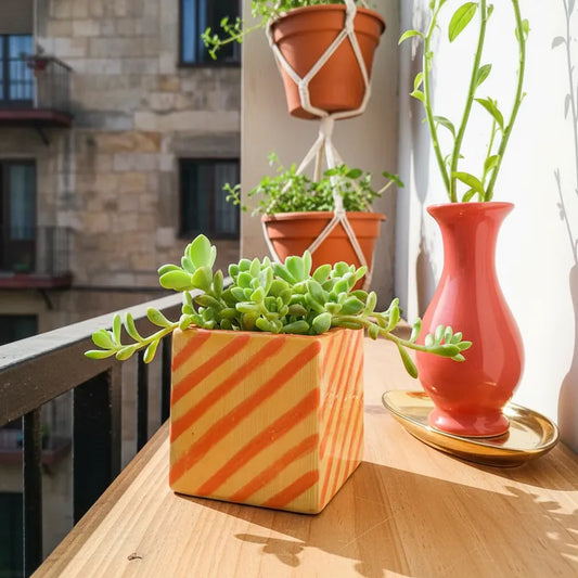 Pot Bicolor Cerámica Esmaltada con Líneas 11.5cm - Diseño Elegante Porta Macetero Frank Home Chile