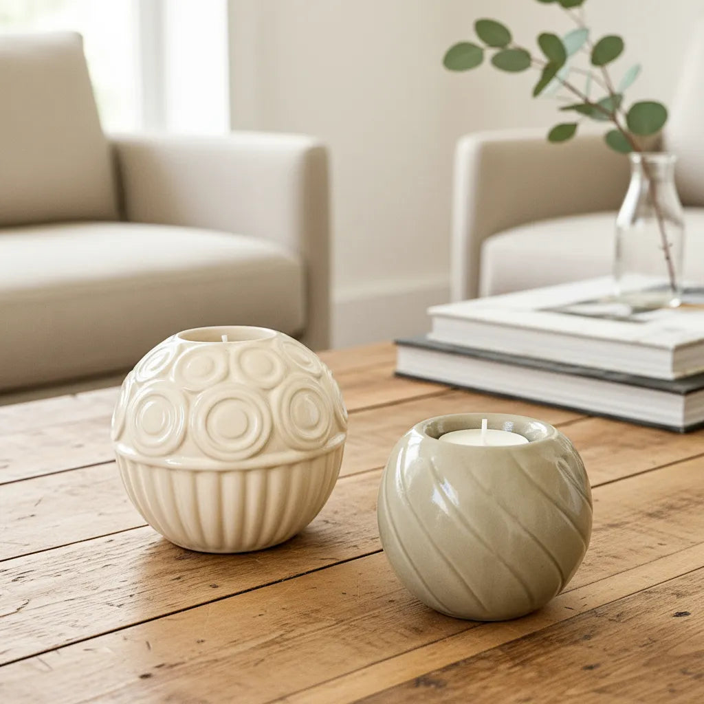 Portavela Cerámica Esmaltada con Relieves - 4 Diseños Únicos Blanco Porta Vela Frank Home Chile