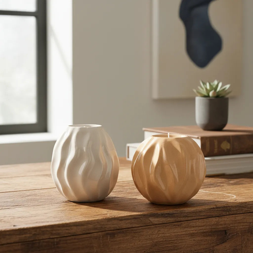 Portavela Cerámica Esmaltada con Relieves - 4 Diseños Únicos Beige Porta Vela Frank Home Chile