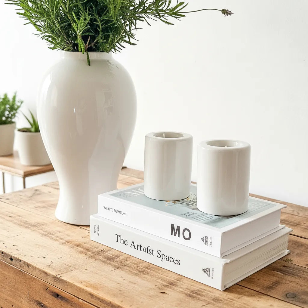 Set 2 Porta Velas Cerámica Esmaltada Blanca 9cm - Minimalista Porta Vela Frank Home Chile