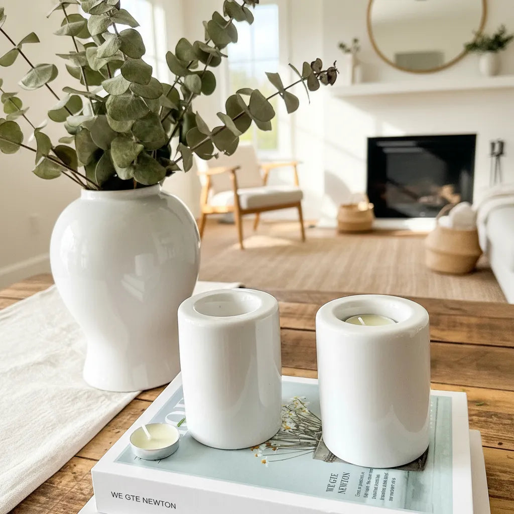 Set 2 Porta Velas Cerámica Esmaltada Blanca 9cm - Minimalista Porta Vela Frank Home Chile