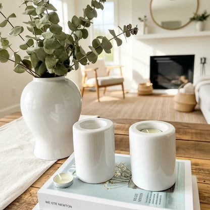Set 2 Porta Velas Cerámica Esmaltada Blanca 9cm - Minimalista Porta Vela Frank Home Chile