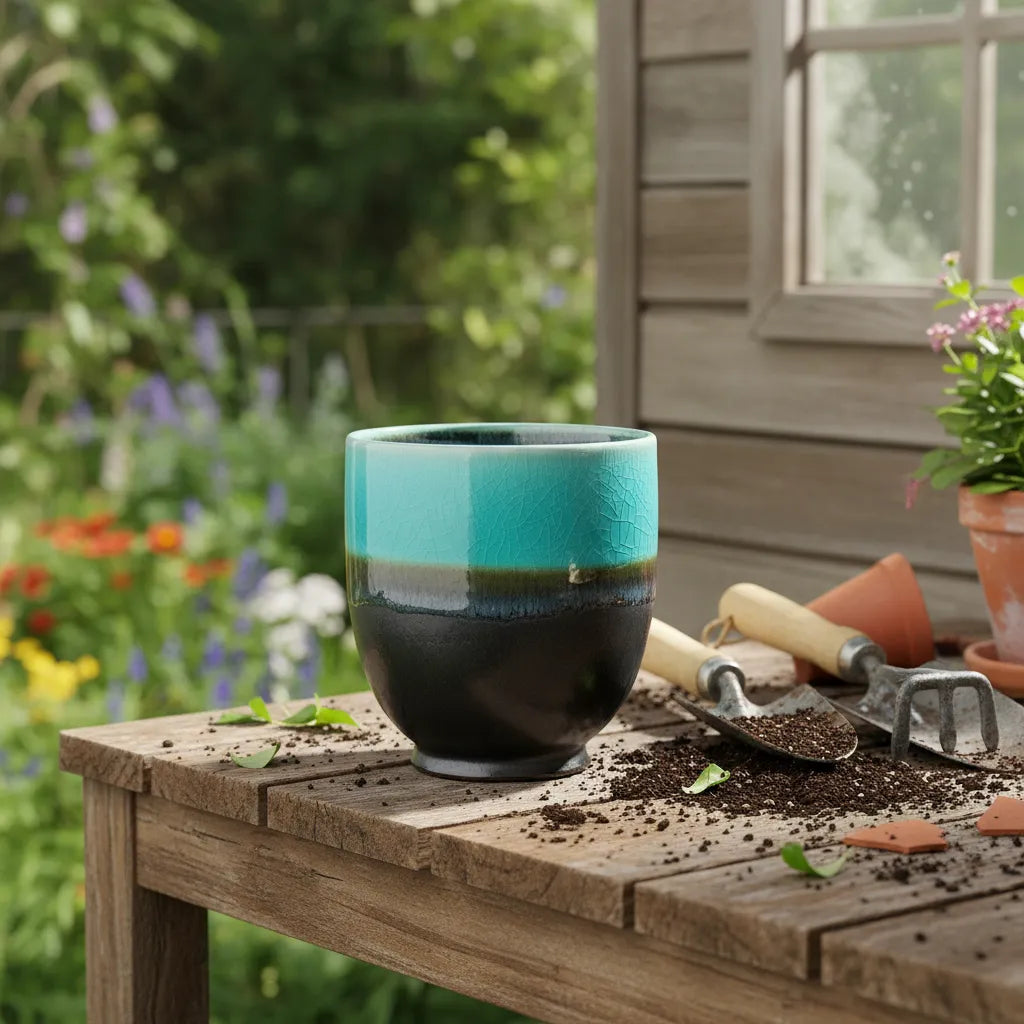 Porta Macetero Cerámica Bicolor Negro Porta Macetero Frank Home Chile