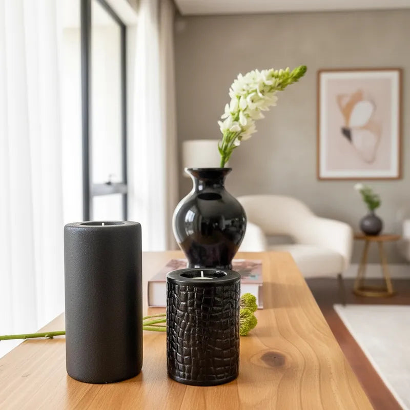 Set 2 Portavelas Cerámica Negros 15cm y 10cm - Minimalista Porta Vela Frank Home Chile