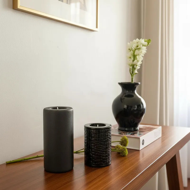 Set 2 Portavelas Cerámica Negros 15cm y 10cm - Minimalista Porta Vela Frank Home Chile