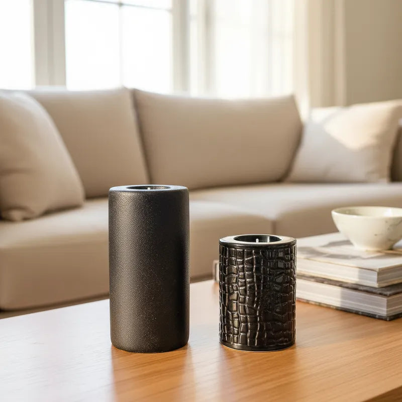 Set 2 Portavelas Cerámica Negros 15cm y 10cm - Minimalista Porta Vela Frank Home Chile