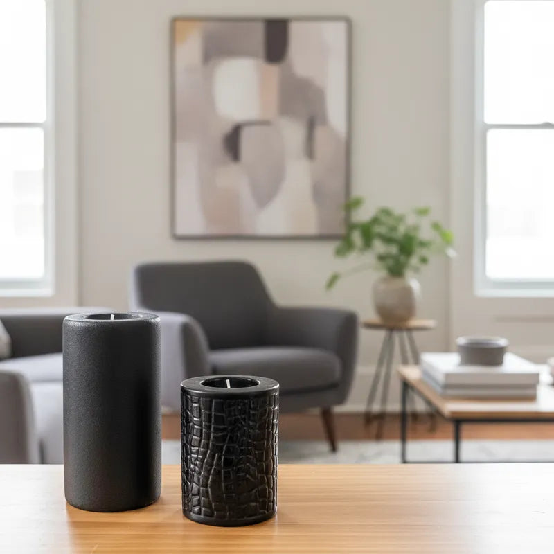 Set 2 Portavelas Cerámica Negros 15cm y 10cm - Minimalista Porta Vela Frank Home Chile