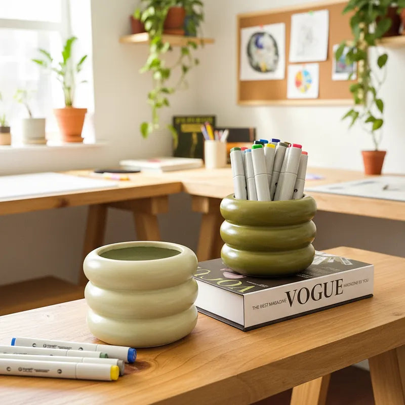 Pots Cerámica Esmaltada Verde Ondas 15cm - Textura Elegante Porta Macetero Frank Home Chile