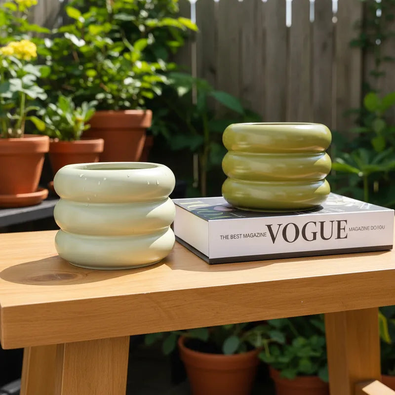 Pots Cerámica Esmaltada Verde Ondas 15cm - Textura Elegante Porta Macetero Frank Home Chile