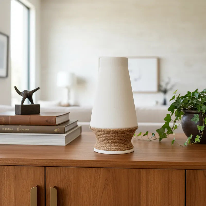 Florero Cerámica con Yute 25cm - Diseño Natural Rústico Florero Frank Home Chile