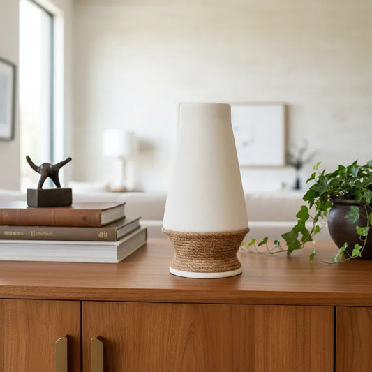 Florero Cerámica con Yute 25cm - Diseño Natural Rústico Florero Frank Home Chile