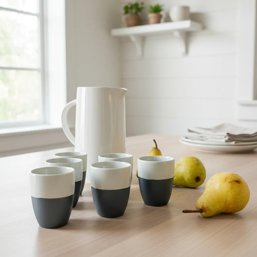 Set Jarra 1.8L y 6 Vasos Cerámica Bicolor 200ml - Elegante set jarra y vasos Frank Home Chile