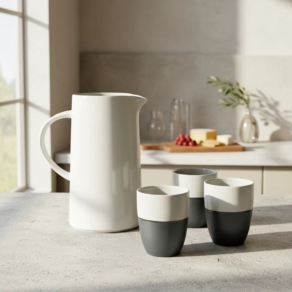 Set Jarra 1.8L y 6 Vasos Cerámica Bicolor 200ml - Elegante set jarra y vasos Frank Home Chile