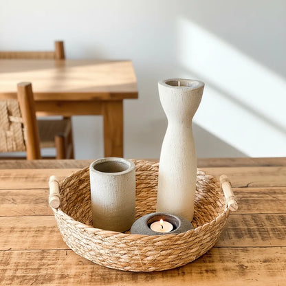 Set Porta Velas y Florero Cemento Blanco Gris 24.5cm - Minimalista Set Porta Velas Frank Home Chile