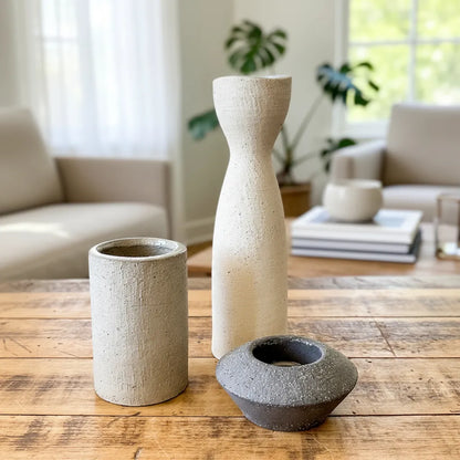 Set Porta Velas y Florero Cemento Blanco Gris 24.5cm - Minimalista Set Porta Velas Frank Home Chile