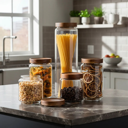 Set 5 Frascos Almacenamiento Vidrio Tapa Madera 30cm - Herméticos frasco Frank Home Chile