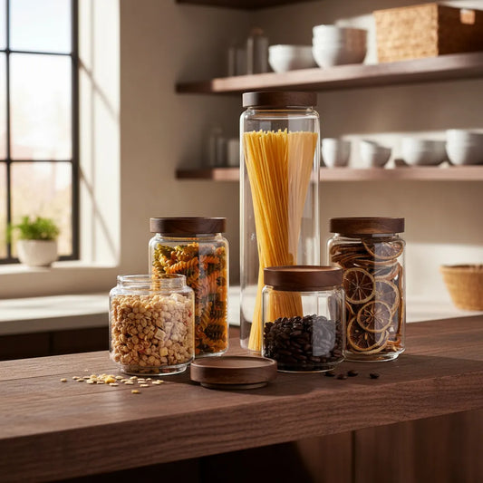 Set 5 Frascos Almacenamiento Vidrio Tapa Madera 30cm - Herméticos frasco Frank Home Chile